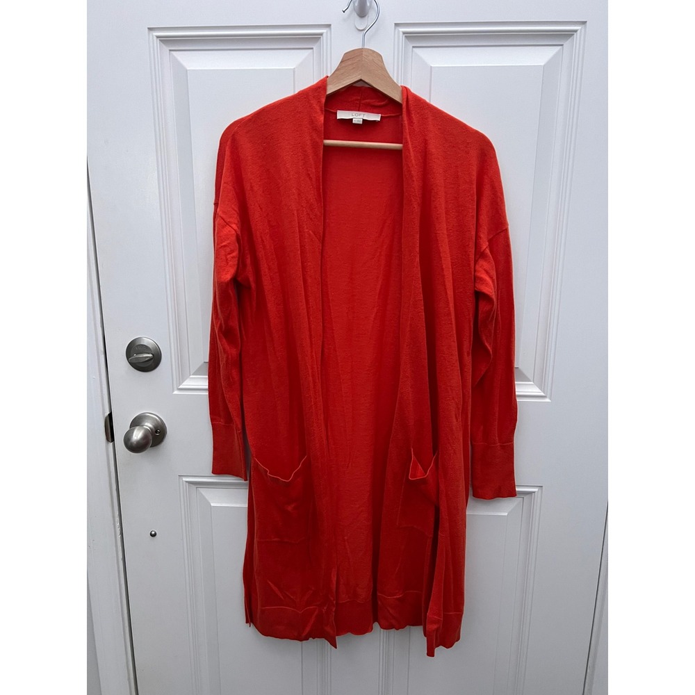 LOFT Ann Taylor Orange Red Linen Blend Open Front Long Cardigan Sweater Medium